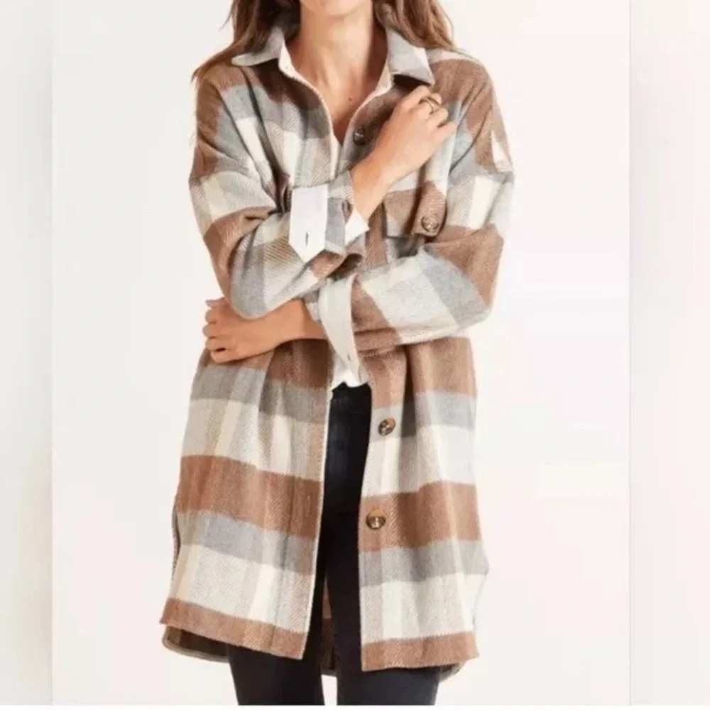 Evereve Raye Plaid Shacket Longline Wool Blend Longline Jacket Med Cozy Fall